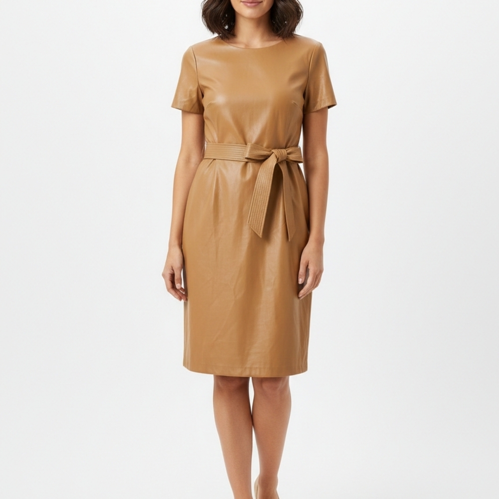 Calvin Klein Faux Leather Belted Sheath Dress NWT Luggage Brown